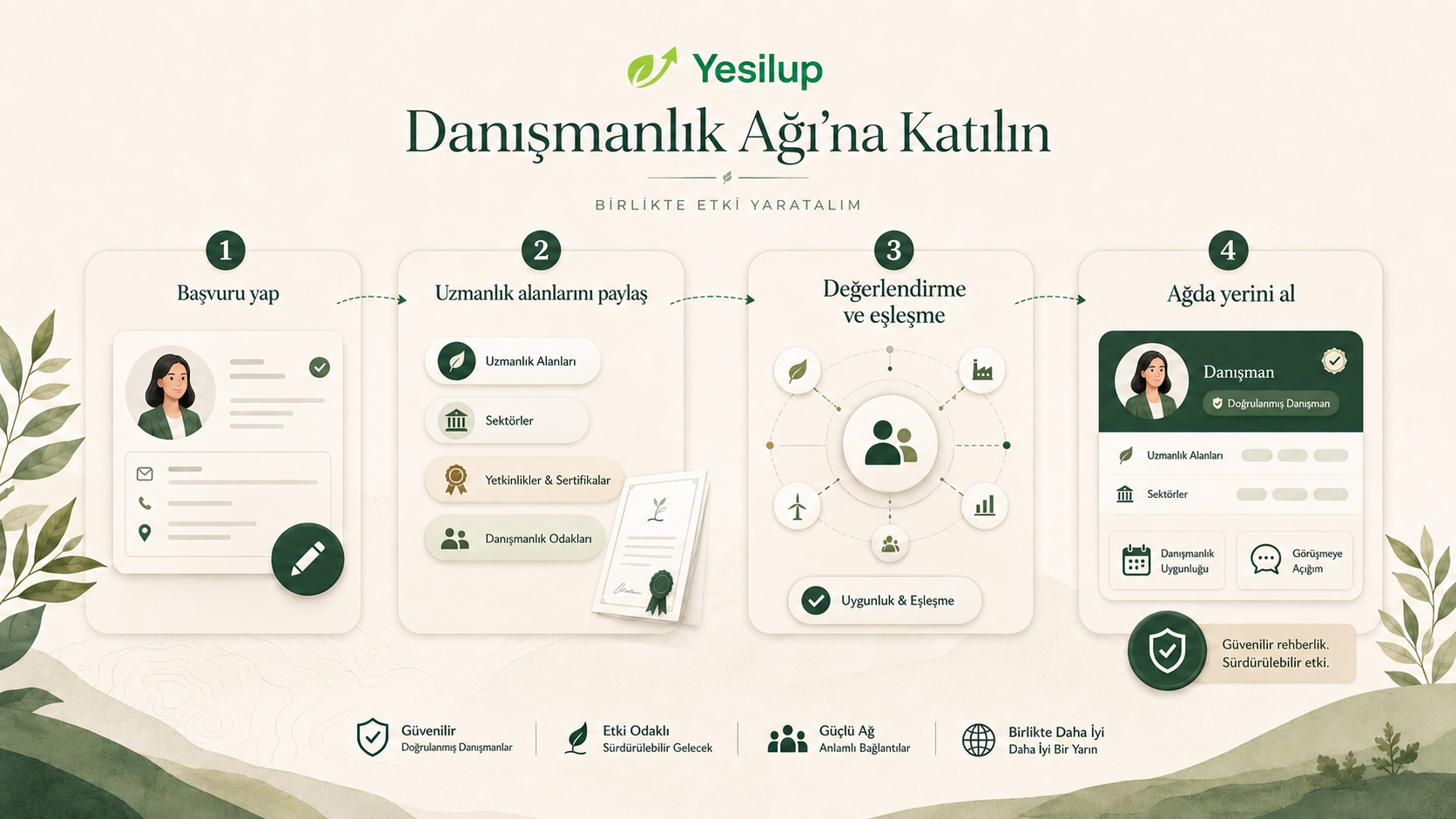 Danışmanlık Ağına katılımın başvuru, uzmanlık paylaşımı, değerlendirme ve ağda yer alma adımlarını gösteren YesilUp materyali