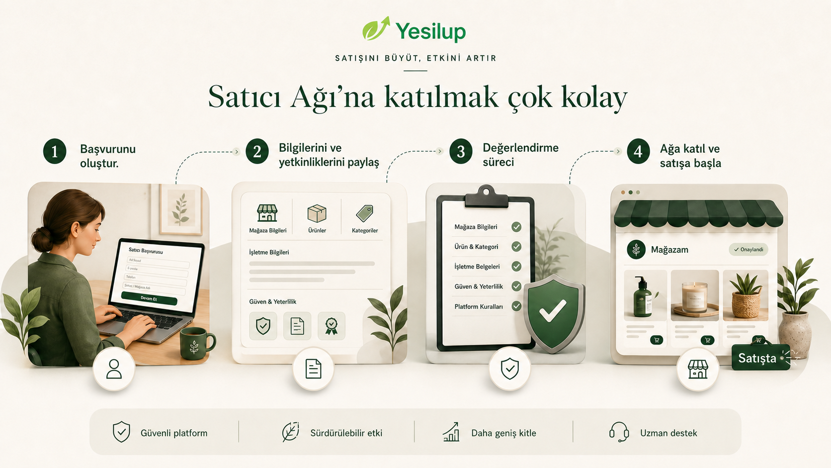 Satıcı Ağına katılımın başvuru, bilgi paylaşımı, değerlendirme ve satışa başlama adımlarını gösteren YesilUp materyali